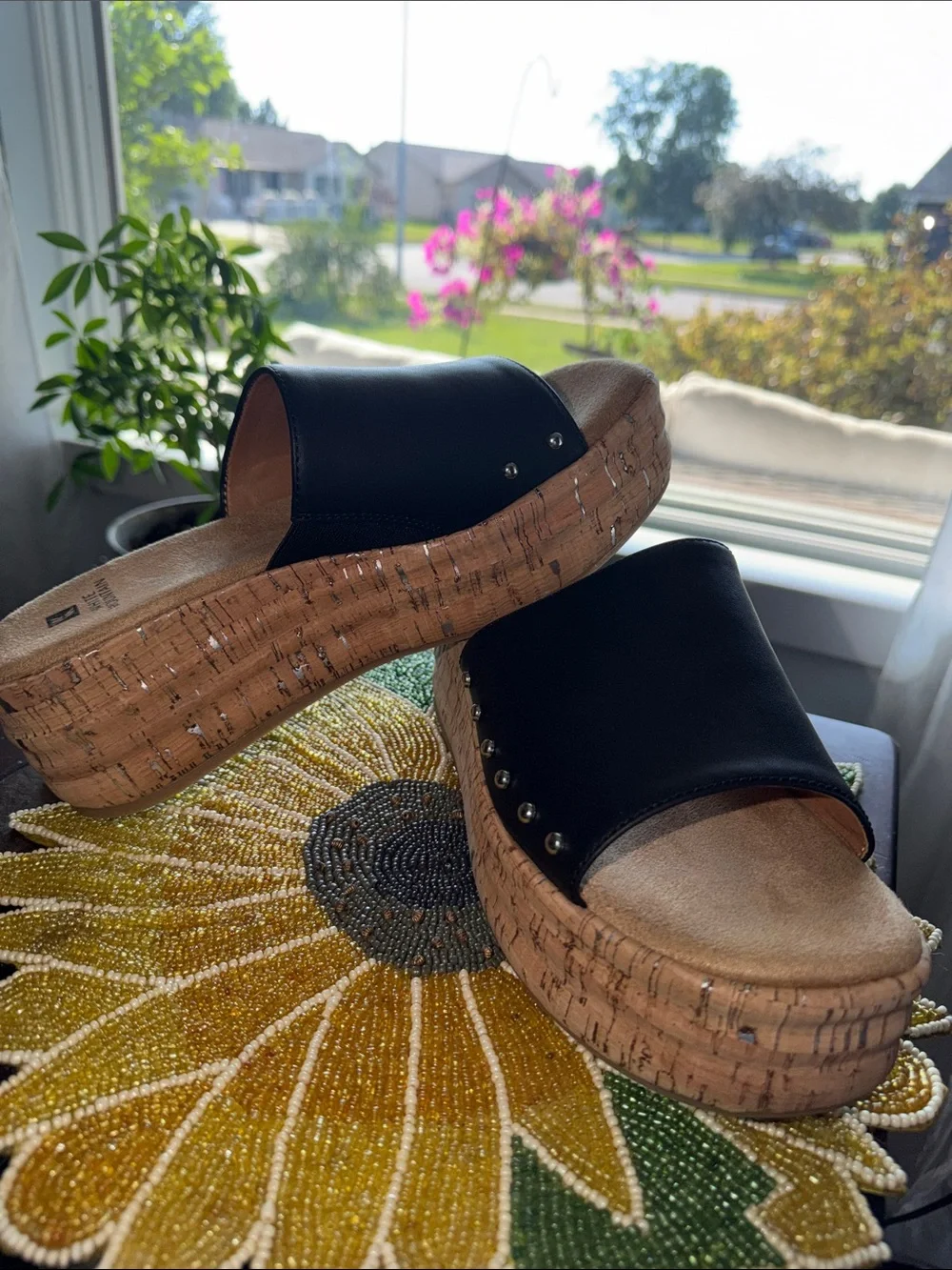 MIA Black Cork Platform Slide Sandals